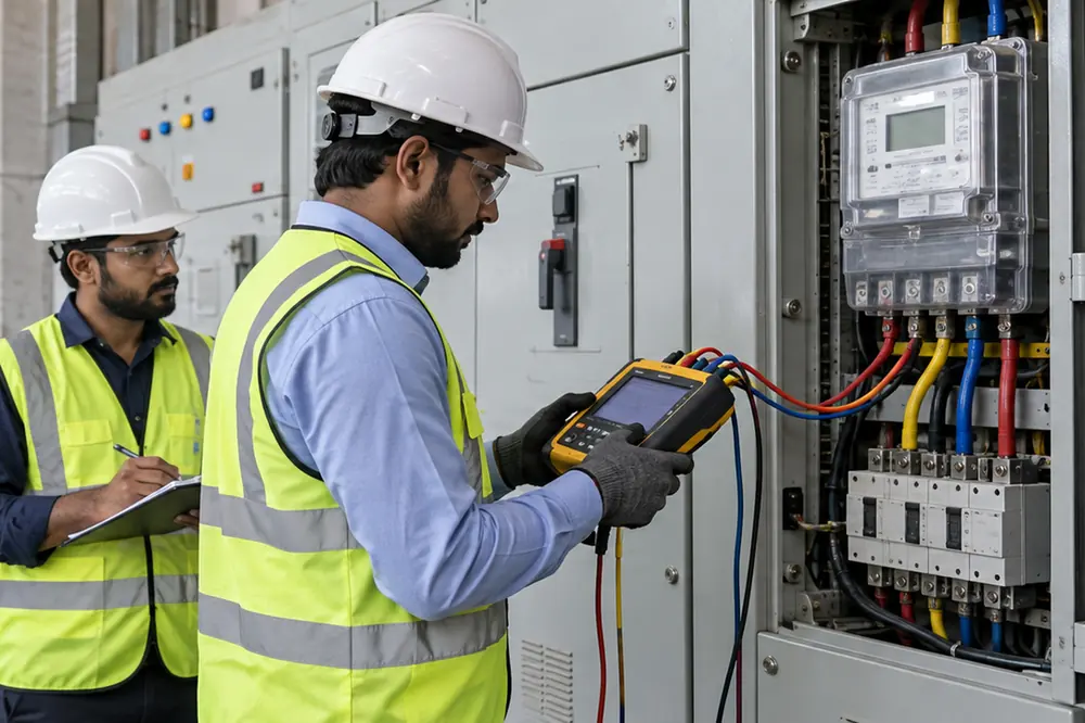 Illustrative AI-generated image: engineers inspecting an industrial electrical distribution panel with a meter