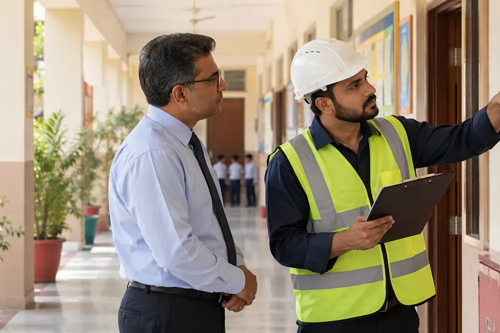 Illustrative AI-generated image: fire safety inspector checking a fire extinguisher in a school corridor