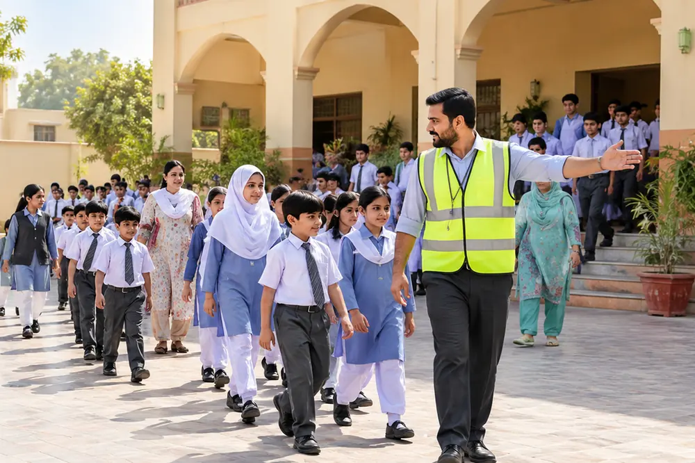 Illustrative AI-generated image: students walking in an orderly line during a school evacuation drill